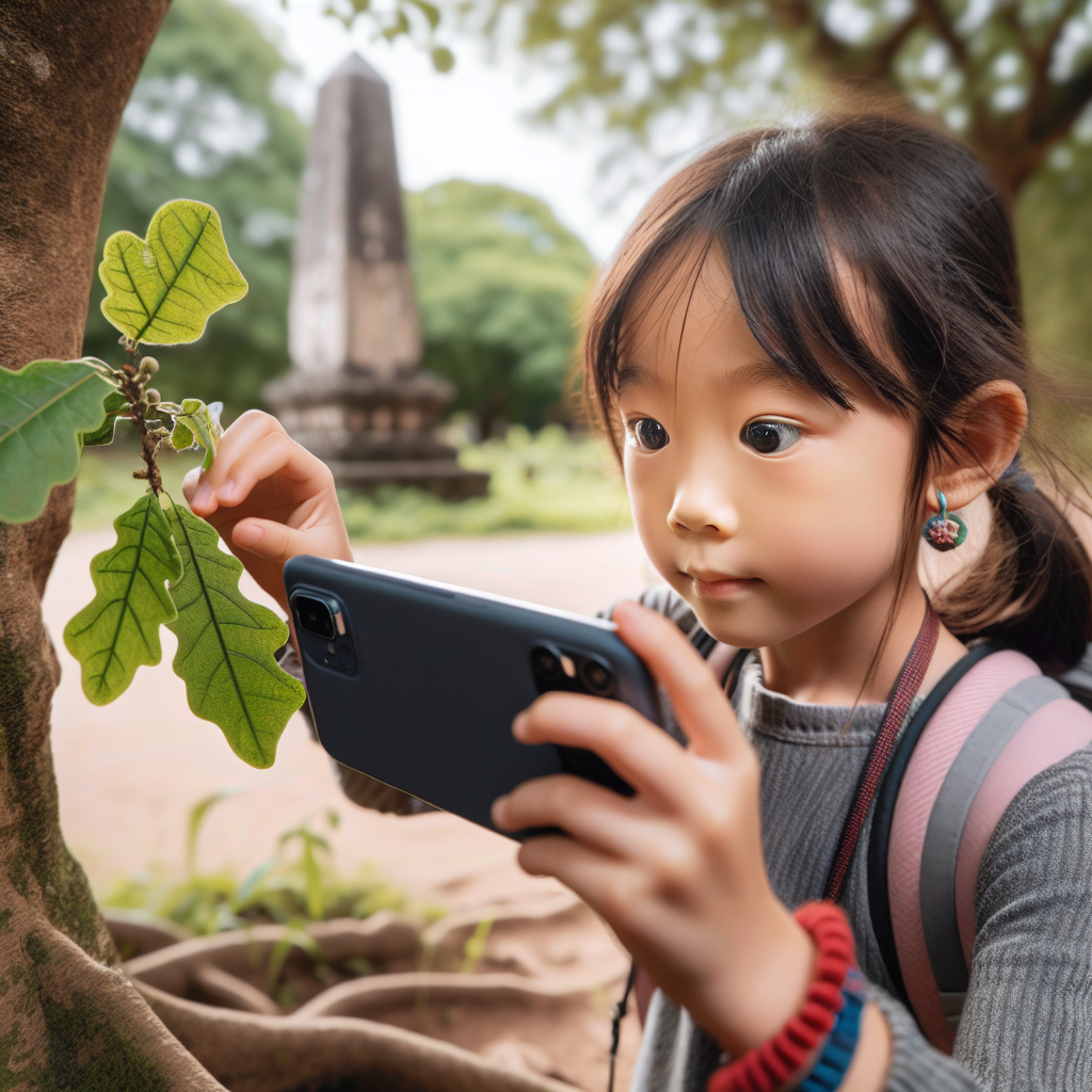 "A photography for children of a child using a smartphone to identify plants and monuments during a nature walk."
