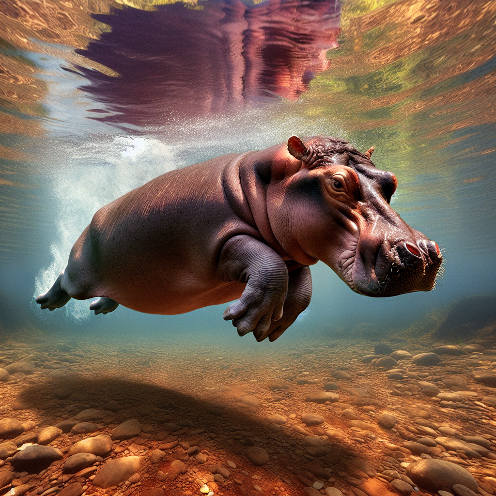 A photography for children of a hippopotamus gracefully "flying" underwater, with its legs pushing off the bottom and creating a sense of movement.