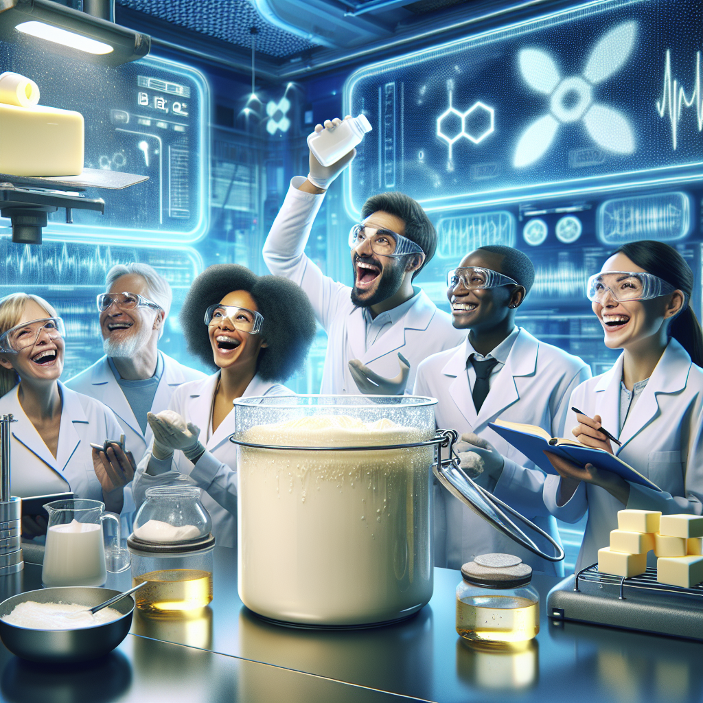a photography for children of a magical butter made from CO2 and water, with a futuristic lab and happy scientists.