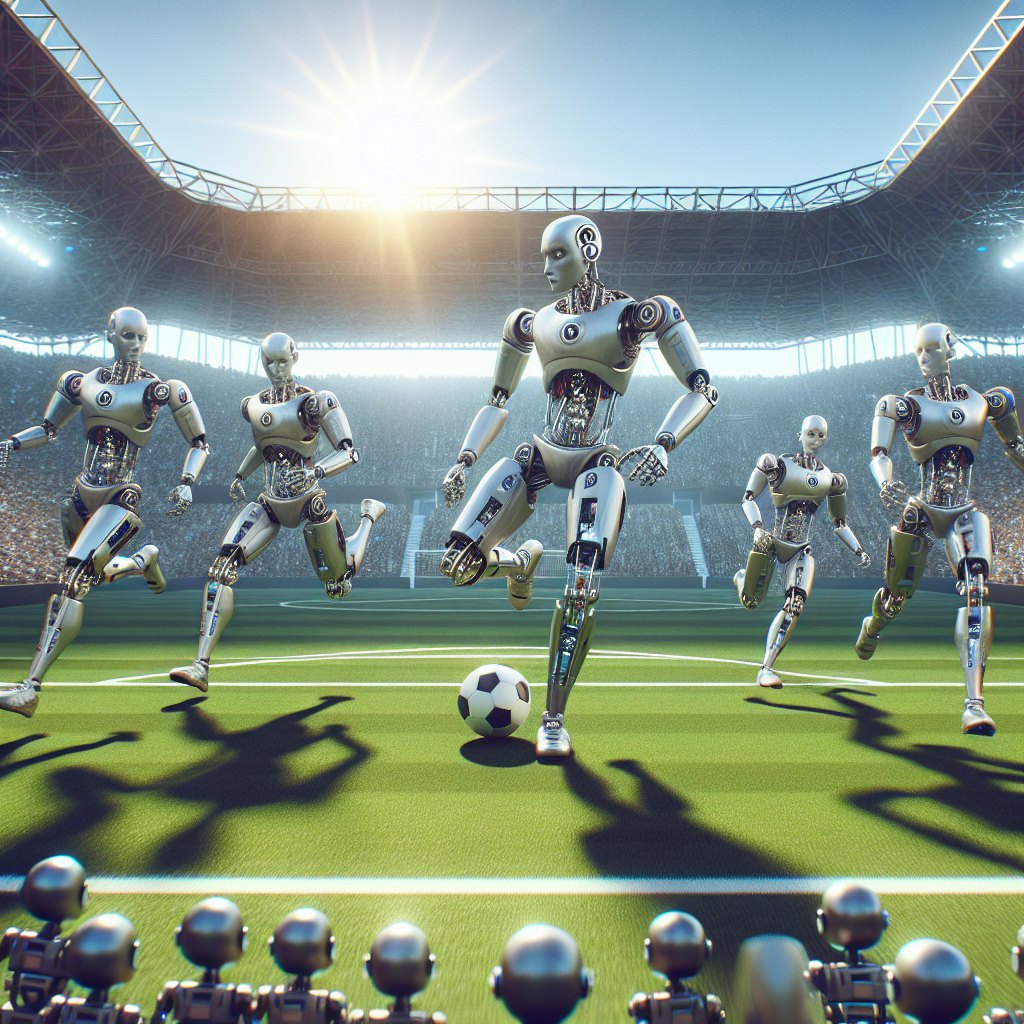 A photography for children of robots playing a soccer match on a vibrant, colorful field.