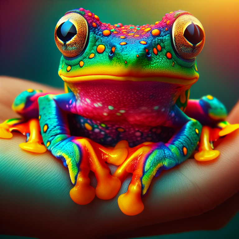 A photography for children of a rainbow-colored frog discovered in Australia with a beautiful, multicolored skin due to a rare genetic mutation.