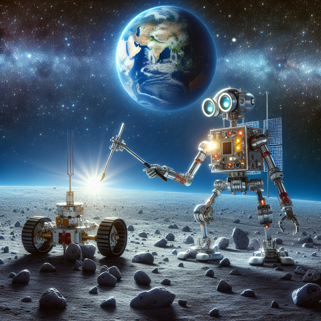 "A photography for children of a space robot collecting moon rocks with Earth visible in the background."