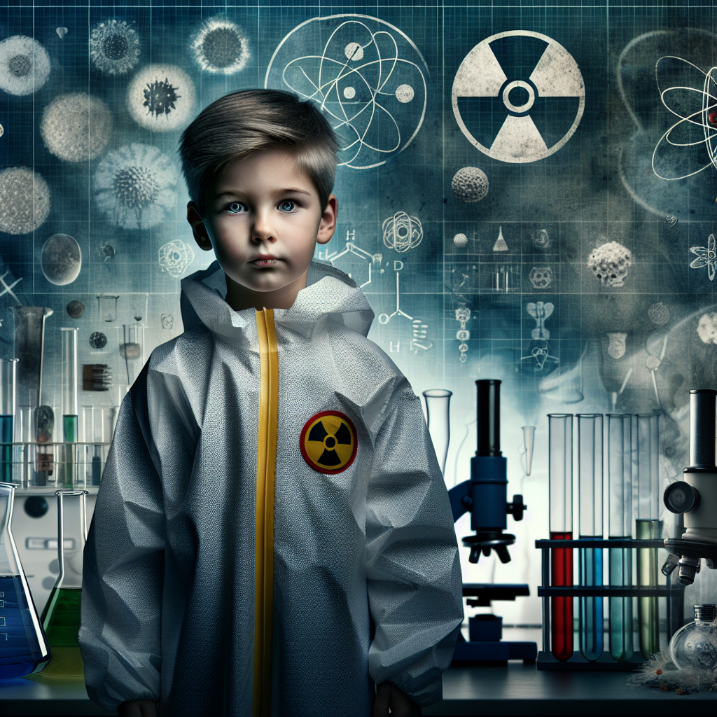 a photography for children of Albert Stevens standing bravely with a background showing radiation symbols and scientific equipment