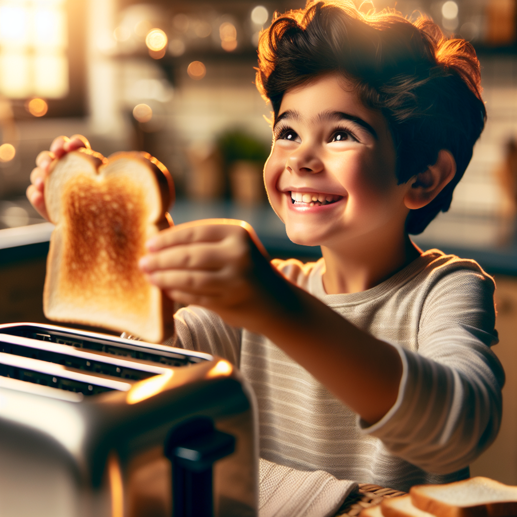 A photography for children of a happy child carefully toasting bread in a kitchen, ensuring the toast is golden brown and not burnt.