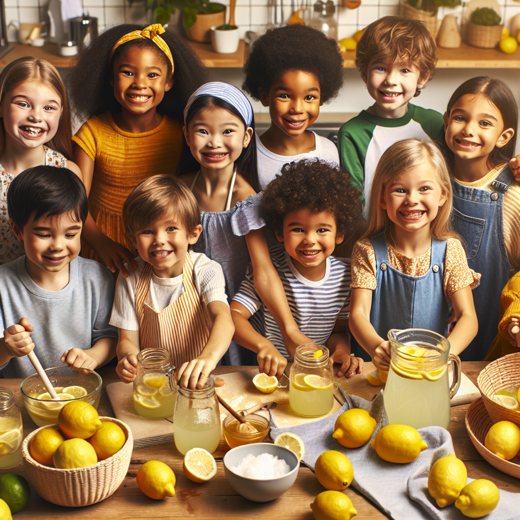 A photography for children of making homemade lemonade with fresh lemons, water, and a bit of honey, surrounded by happy kids in a kitchen.