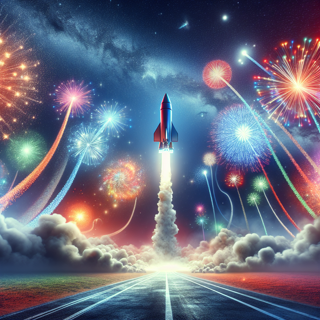 A photography for children of a rocket launching into space with colorful fireworks in the background.