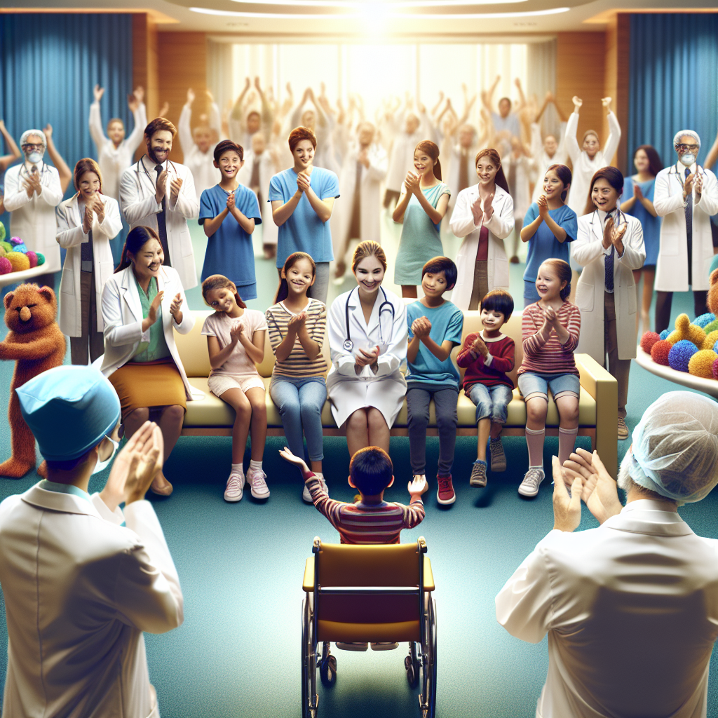 A photography for children of a joyful celebration with scientists and doctors applauding around a patient in a colorful hospital room, symbolizing a victory against a virus.