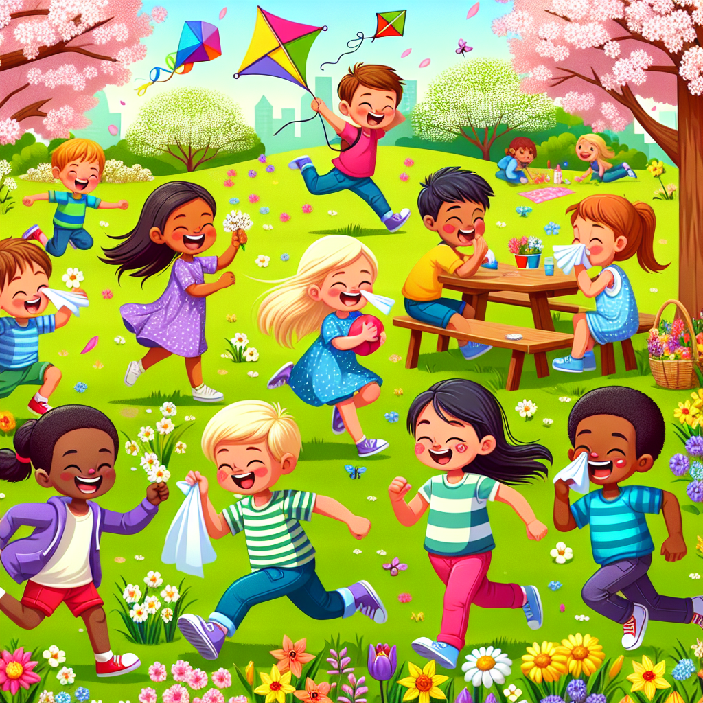 A photography for children of people sneezing and enjoying outdoor activities in a flower-filled park during springtime.