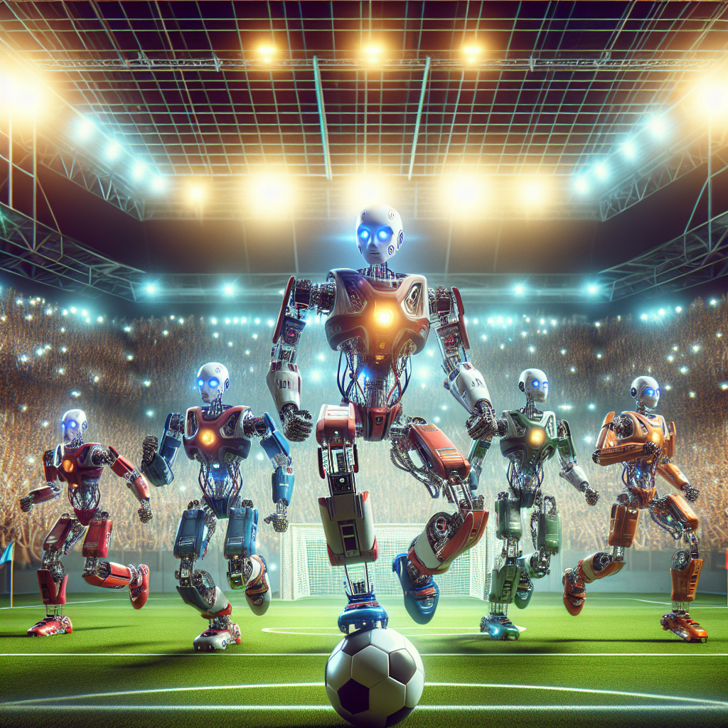 A photography for children of robots playing football on a vibrant, sunny day in a packed stadium.