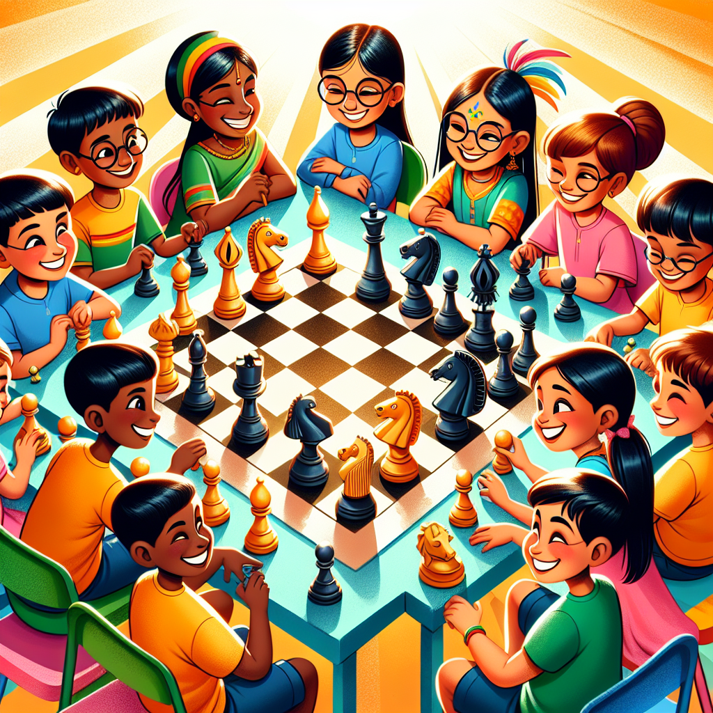 A photography for children of a vibrant, colorful chess game with kids playing and having fun, featuring whimsical, cartoonish chess pieces and a joyous atmosphere.