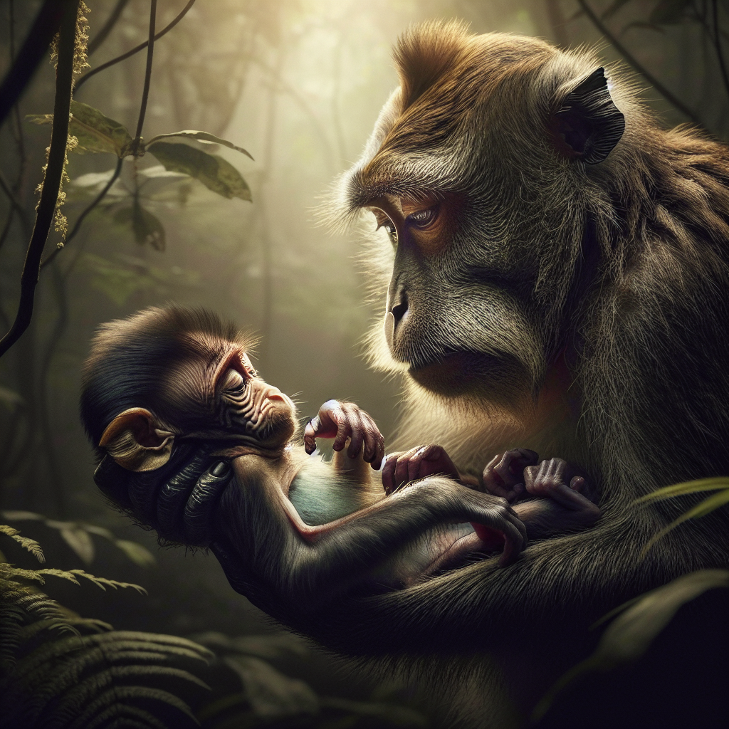"A photography for children of a mother primate tenderly carrying her deceased baby, showing the deep emotional bond and the grief process."