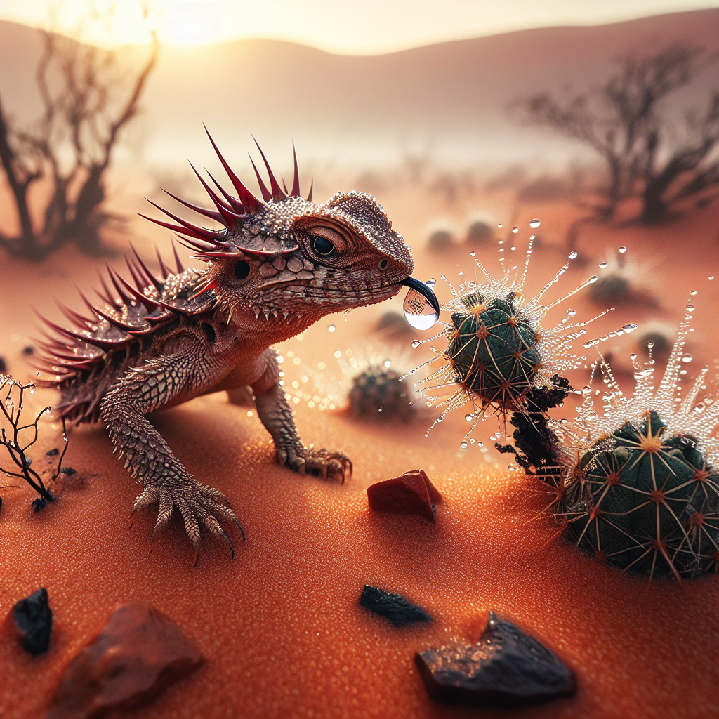 A photography for children of a thorny devil lizard collecting water from morning dew in the Australian desert.
