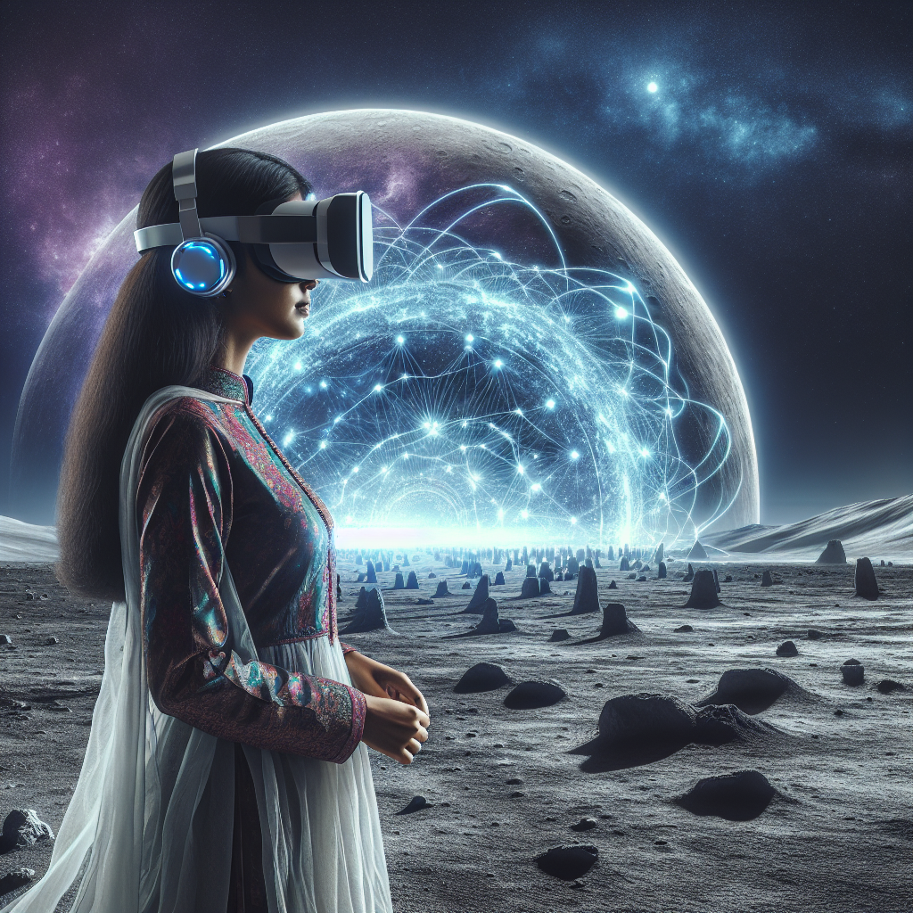 A photography for children of a child wearing a futuristic virtual reality headset, standing on the moon while watching a giant screen showing a movie.