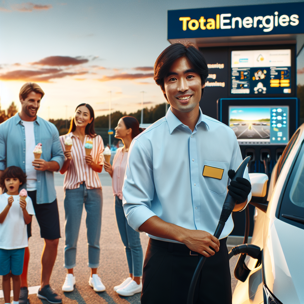 "A photography for children of a friendly attendant recharging an electric car at a TotalEnergies station while the family enjoys an ice cream in the background."