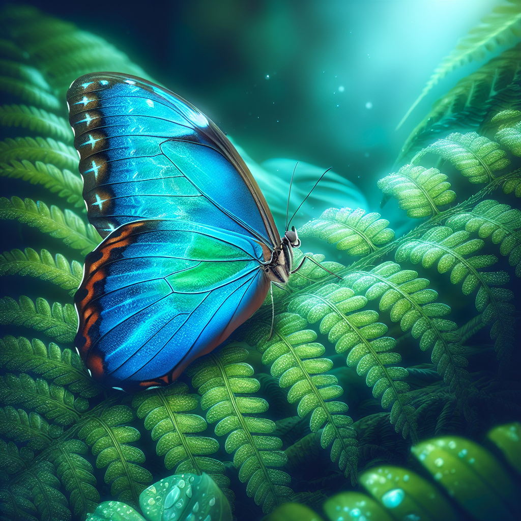 "A photography for children of a vibrant blue morpho butterfly resting on a green leaf, showcasing its shimmering scales in the sunlight."