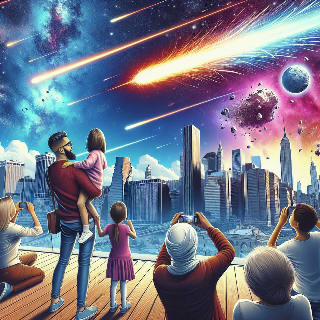 A photography for children of a bright meteor exploding in the daytime sky over New York City, with people looking up in amazement.