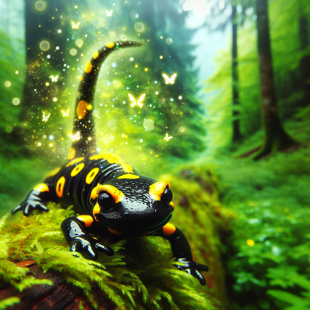 A photography for children of a spotted salamander with black and yellow colors, depicted as a tiny dragon in a lush, humid forest with a magical and friendly aura.