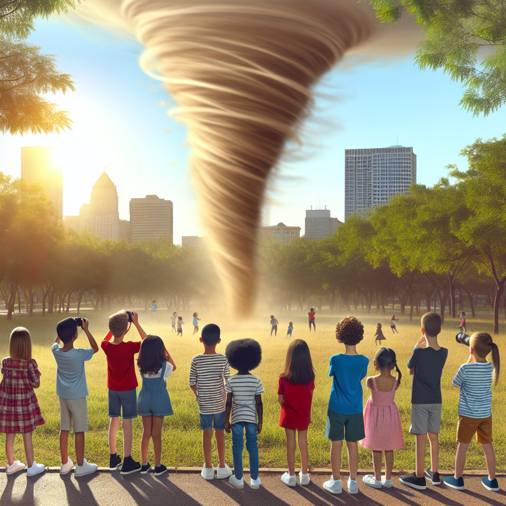 A photography for children of a Dust Devil swirling in a sunny park, with kids watching from a safe distance.