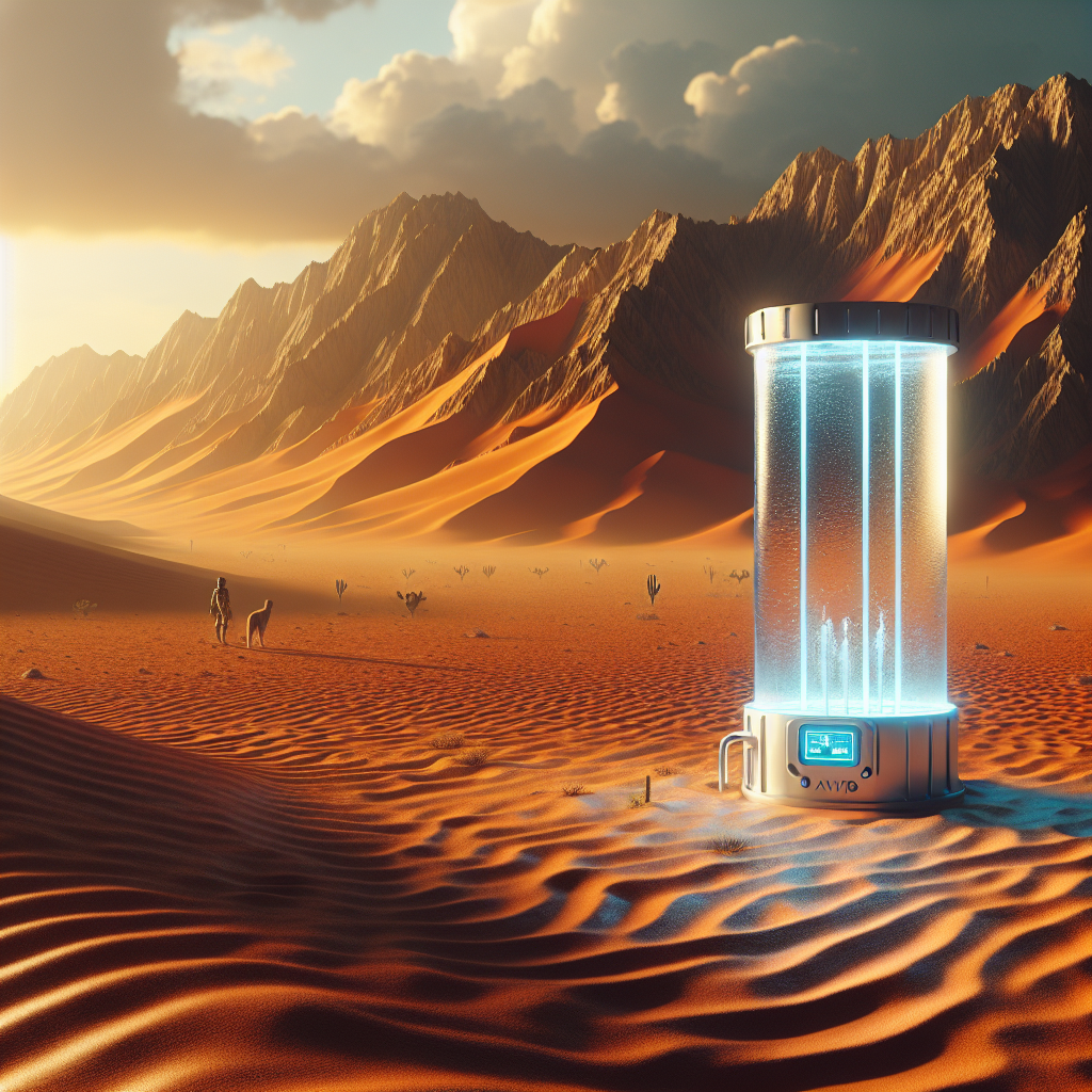 A photography for children of a futuristic gadget that extracts drinking water from the air, placed in a dry and hot desert environment.