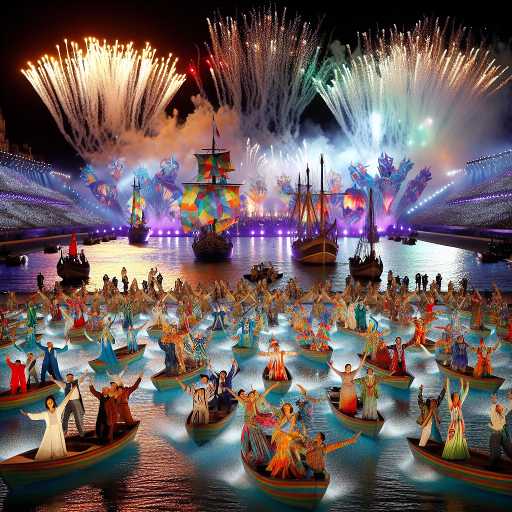 "A photography for children of the spectacular opening ceremony of the Paris 2024 Olympics with colorful boats, dazzling fireworks, and dancers on the Seine river."
