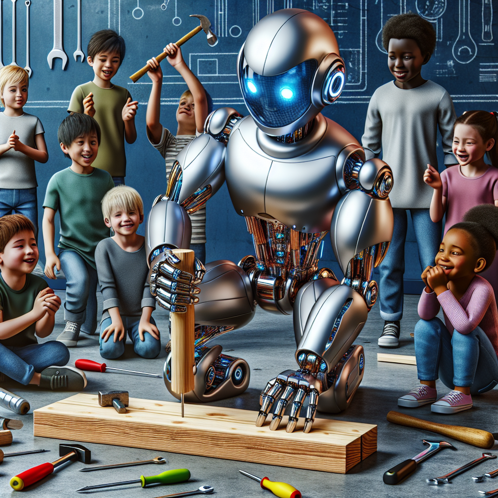 Here is the prompt: "A photography for children of a humanoid robot using a hammer to plant a nail, surrounded by smiling kids and colorful tools."