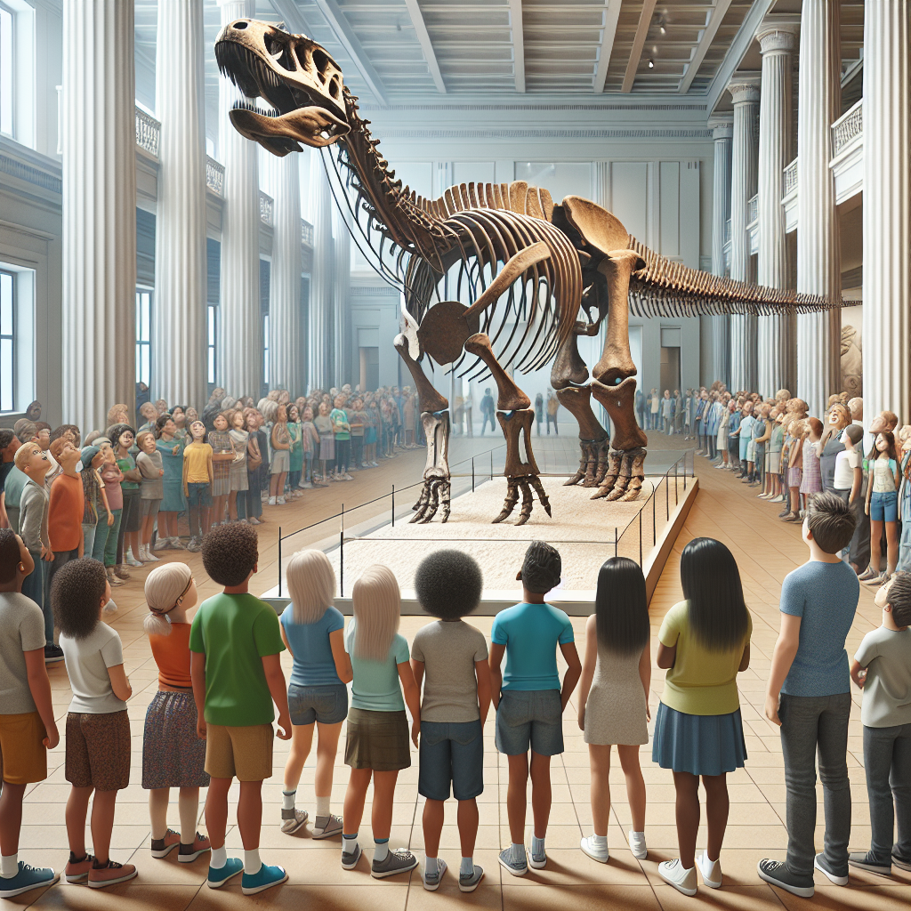 A photography for children of a giant Apatosaurus skeleton in a museum exhibit, standing at 4 meters tall and 20 meters long, surrounded by fascinated young visitors.