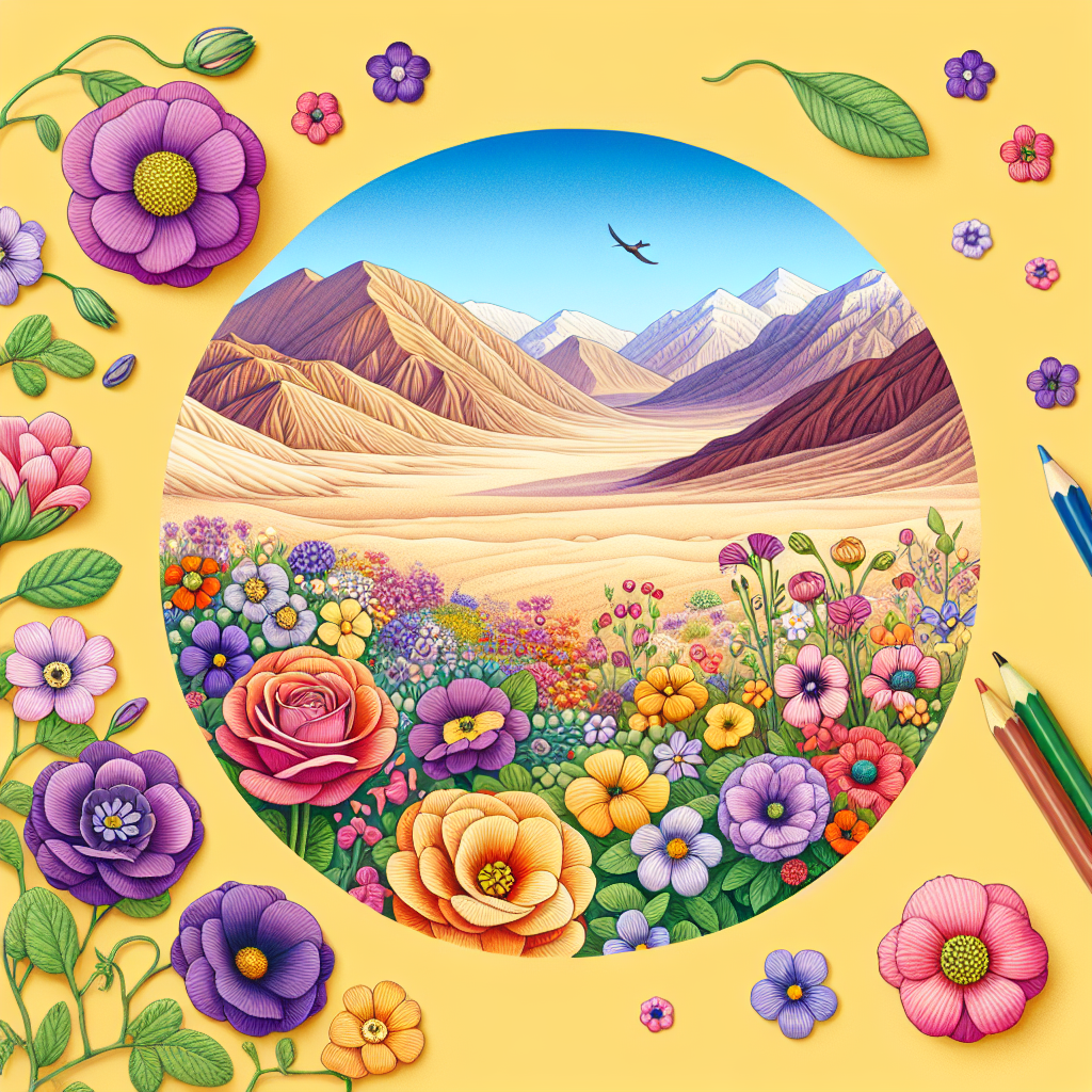 "A photography for children of a vibrant, colorful flower bloom in the Atacama Desert, with various flowers like violets, roses, and daisies, amidst a sandy landscape."