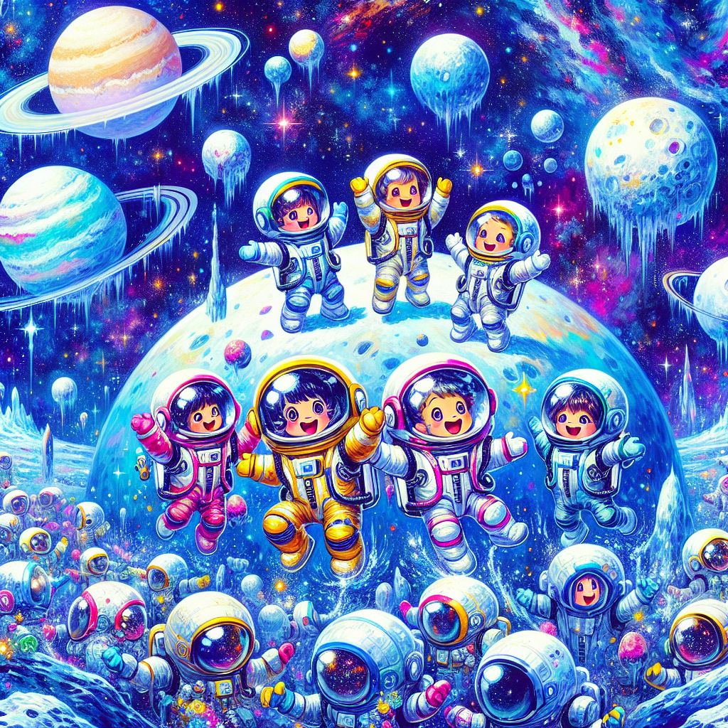 "A photography for children of Pluto surrounded by other icy objects in space, with a playful and vibrant color scheme."