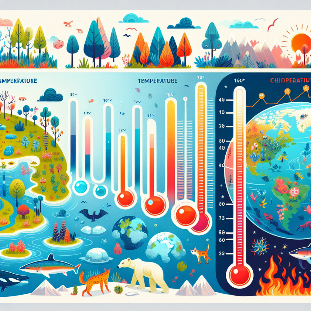 A photography for children of a warming Earth with colorful graphics showing temperature rise and its impact on nature and animals.