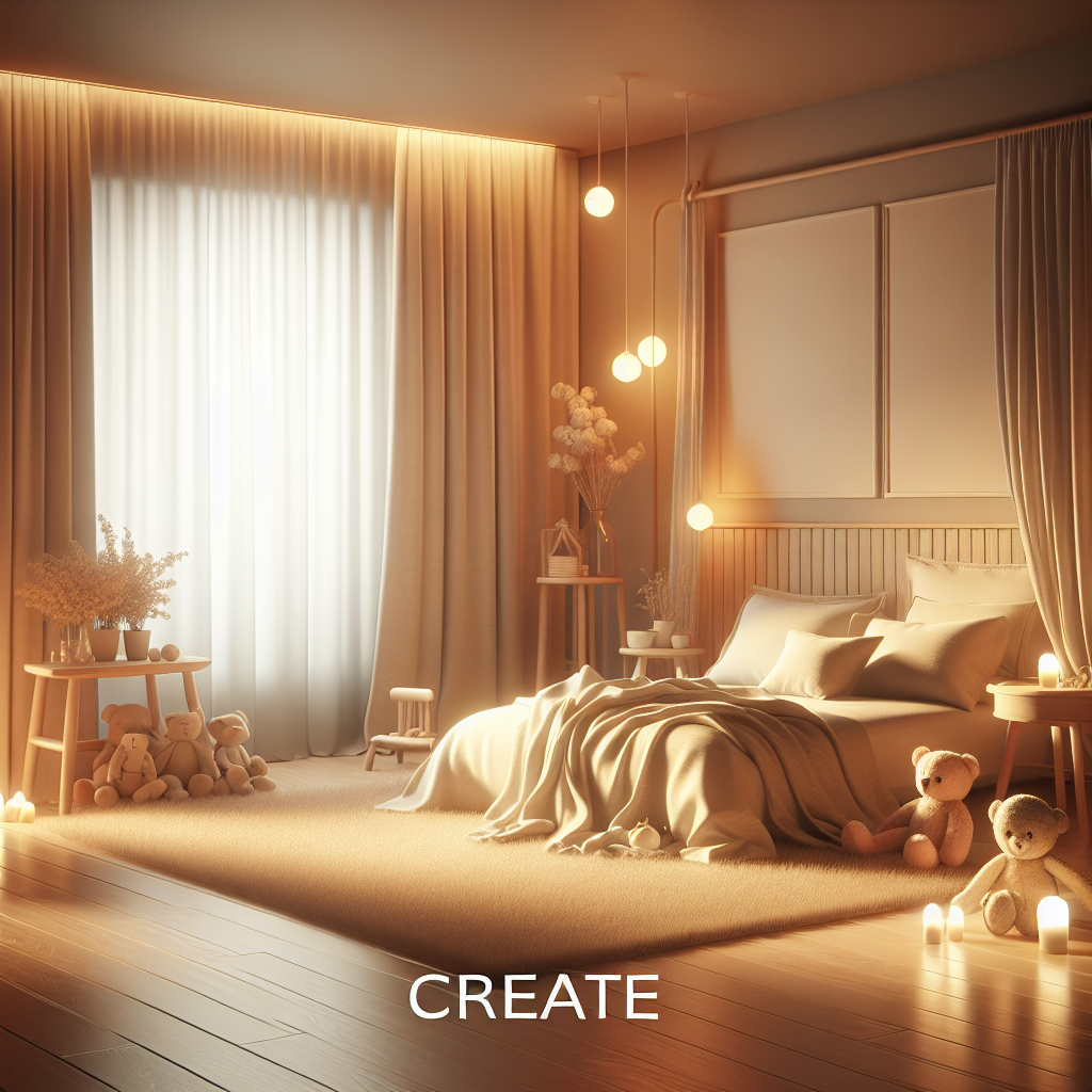 "A photography for children of a peaceful bedroom with warm lighting, a cozy bed, and soft toys, showing a perfect environment for a restful night's sleep."