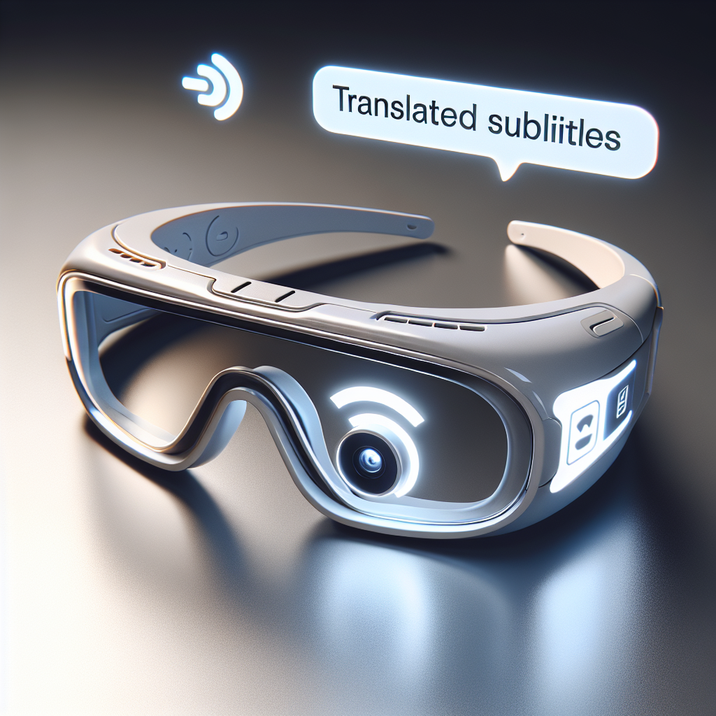 A photography for children of futuristic smart glasses that show translated subtitles in real time, looking like sleek sunglasses with a small projector and microphone.