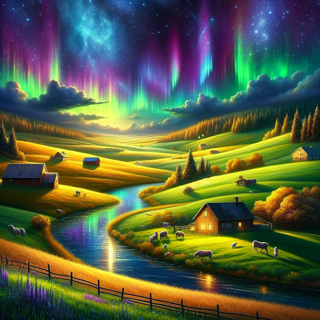 "A photography for children of colorful auroras lighting up the night sky over a peaceful countryside."