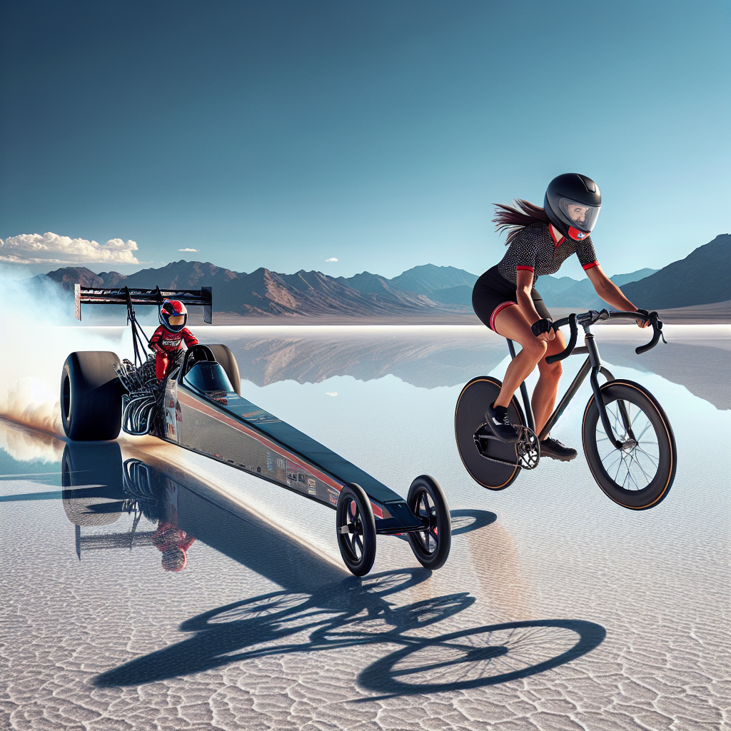 "Create a photography for children of Denise Mueller-Korenek riding her supersonic bike behind a dragster on the Bonneville Salt Flats, showing the incredible speed and unique landscape."