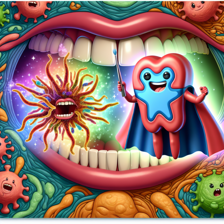 "A photography for children of a friendly, magical bacterium superhero battling cancer cells inside a colorful, illustrated human mouth."