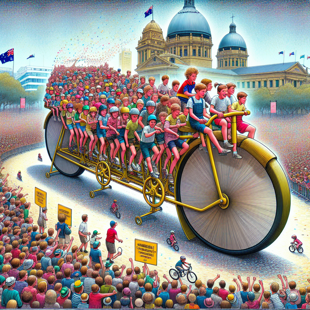 a photography for children of a 41-meter long giant bicycle designed by students in Adelaide, Australia, set in 2015 during the Tour Down Under event, with multiple people riding it together.