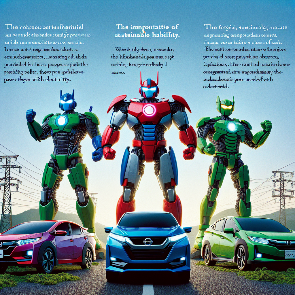 "A photography for children of three Japanese cars, Nissan, Honda, and Mitsubishi, transforming into super-heroes to save the planet with electric cars."