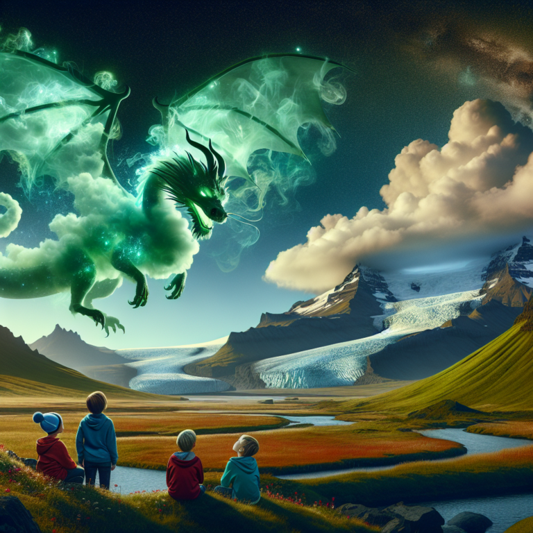 A photography for children of a gigantic green dragon made of clouds and light in the sky above a stunning Icelandic landscape.