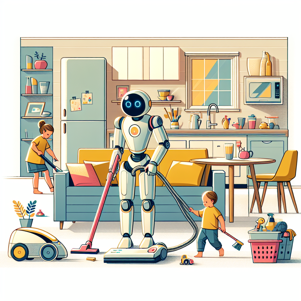 A photography for children of a humanoid robot helping with household chores like vacuuming, washing dishes, and organizing toys in a family home.