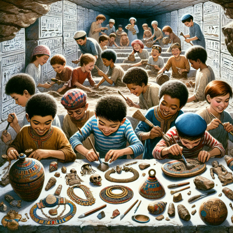 A photography for children of archaeologists discovering ancient jewelry, decorated pottery, and everyday tools inside ancient tombs in Damietta, Egypt.