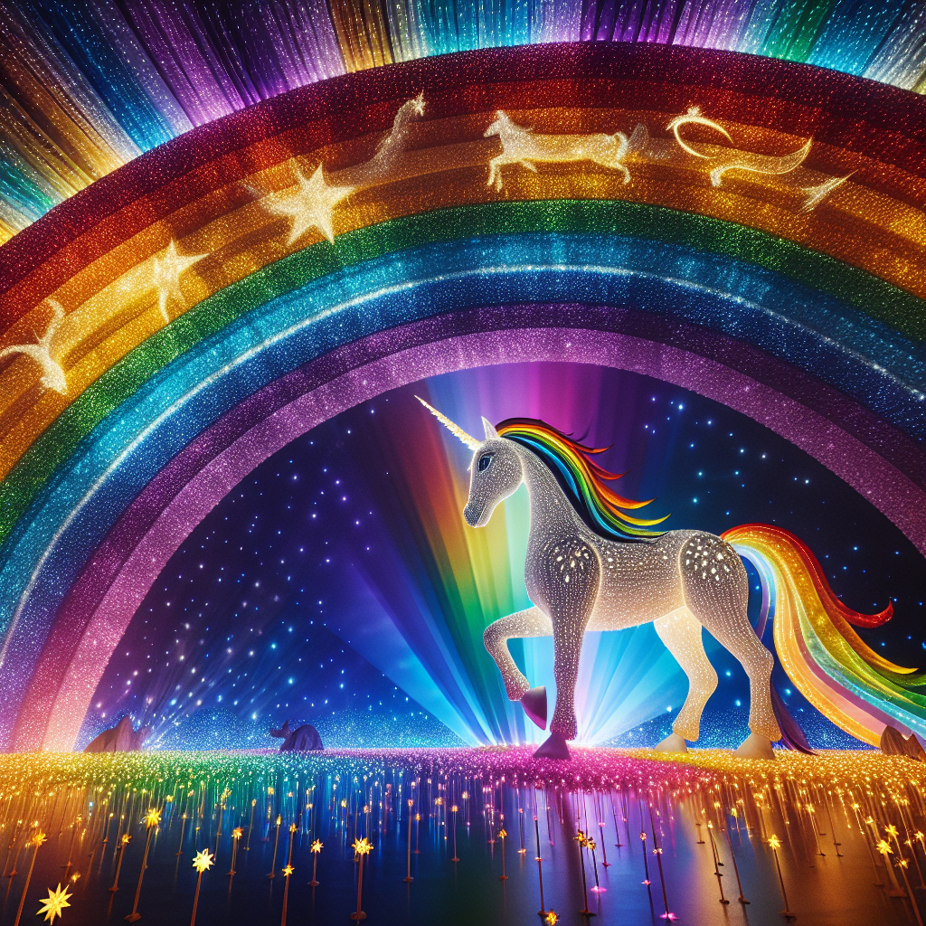 "A photography for children of a unicorn under a rainbow, with vibrant and magical colors."