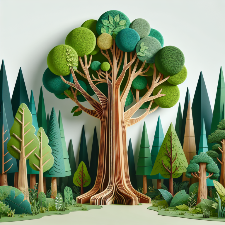 A photography for children of a tulip tree with both its leaves and unique wood cells highlighted, surrounded by a vibrant, healthy forest.