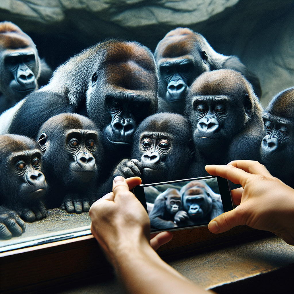 "A photograph for children of gorillas curiously looking at a smartphone through the glass of their zoo enclosure."