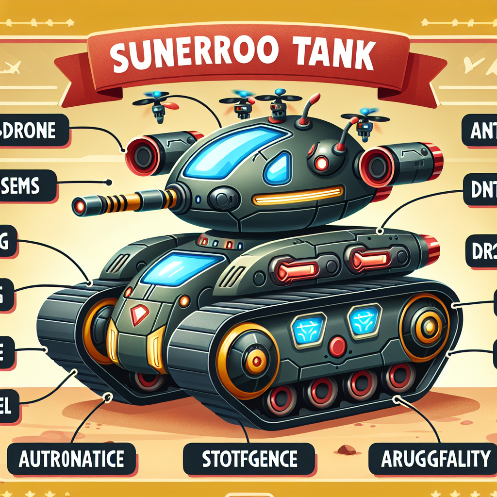 A photograph for children of the AbramsX tank equipped with anti-drone systems, artificial intelligence, and augmented reality, resembling a superhero machine with futuristic gadgets.