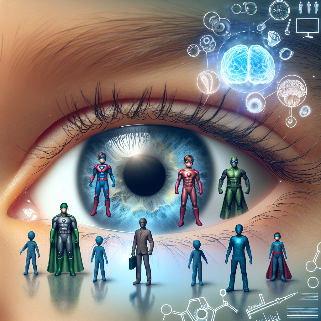 "A photography for children of eyes with tiny superheroes inside them, showcasing how vision can detect early signs of brain diseases."