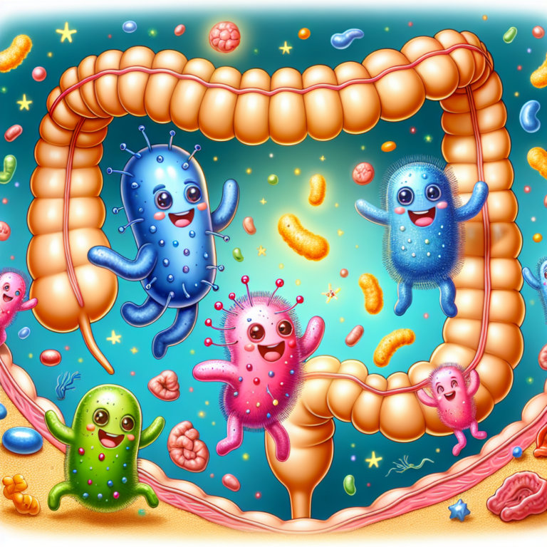 "A photography for children of friendly bacteria in the human intestine helping to break down food with fun, colorful visuals."