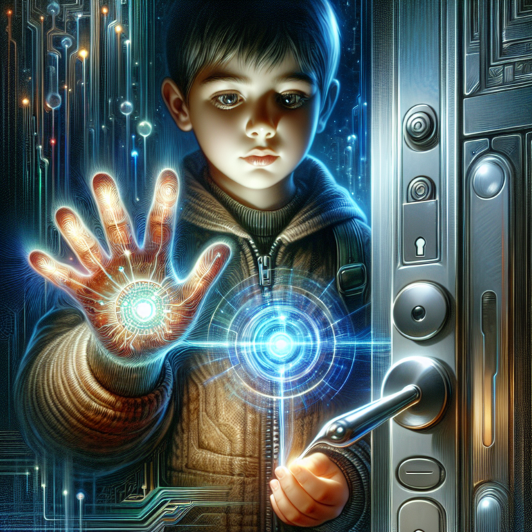 A photography for children of a futuristic scene where a child uses a hand-implanted microchip to open a door.