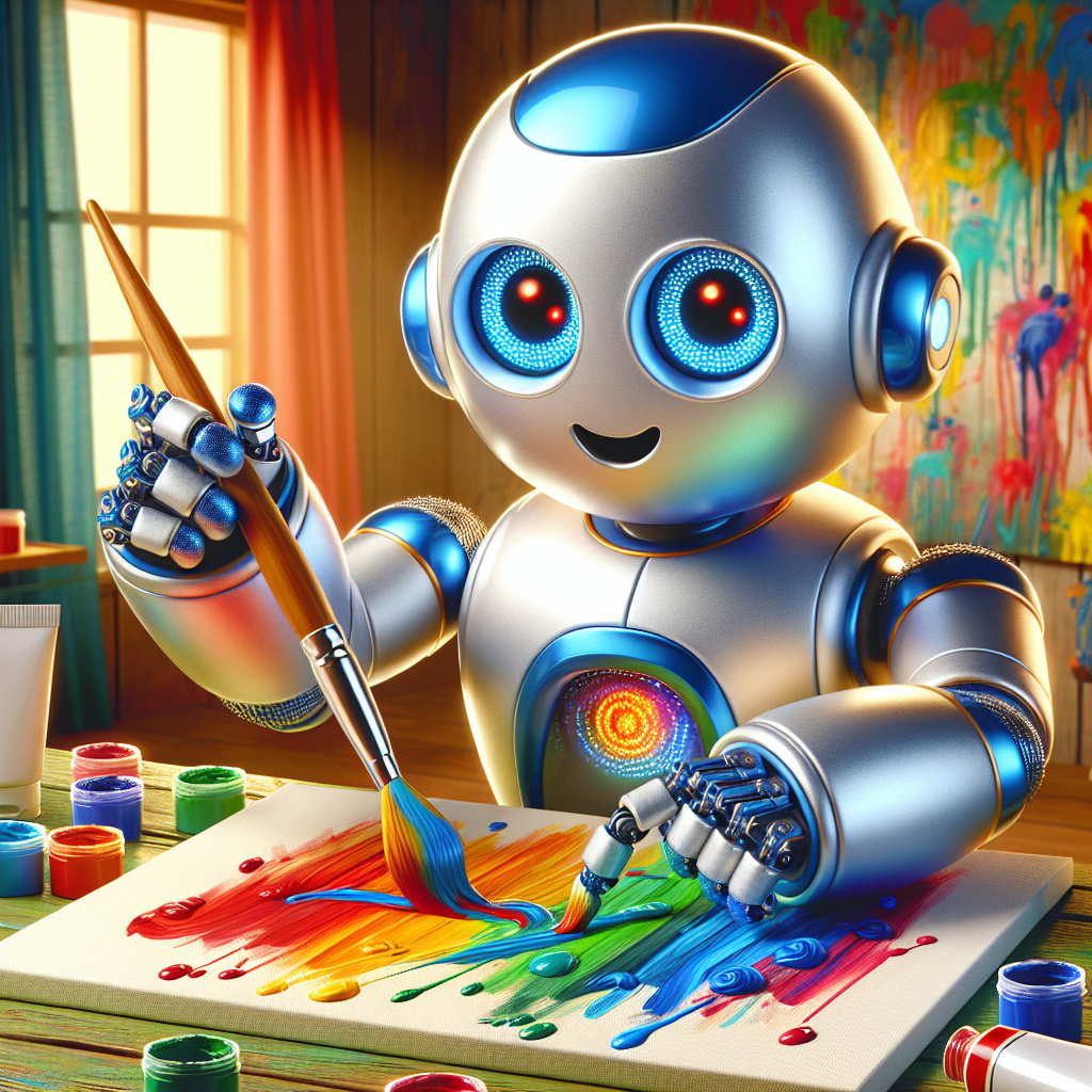 Sure! Here is a DALLE prompt in English to illustrate the text: "A photography for children of a friendly robot creating a colorful painting with a paintbrush."