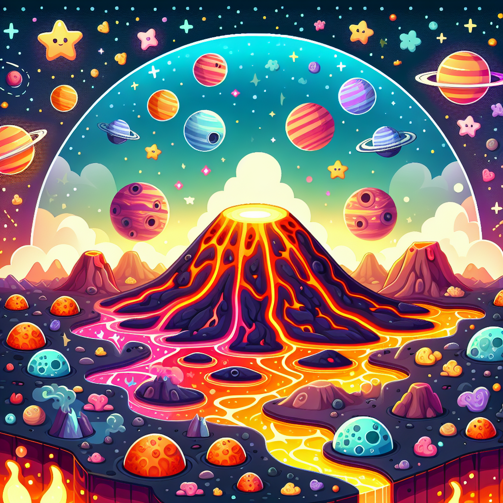 "A photography for children of a volcanic landscape with molten lava on the surface of Venus, with a bright, starry space background and colorful, playful elements."