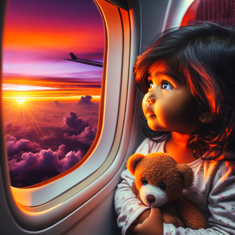 a photography for children of a child looking out an airplane window at the sunrise while holding a small teddy bear