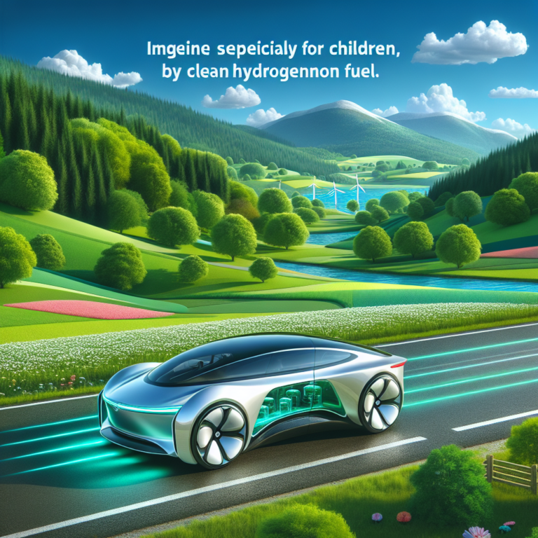 A photography for children of a futuristic car running on clean hydrogen fuel with green landscapes in the background.